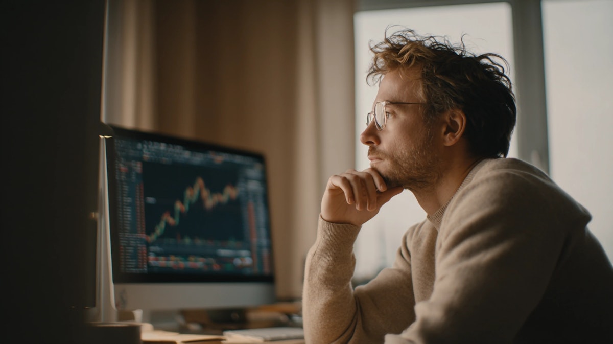Cryptocurrency user analysing exchange platform charts on desktop monitor, reflecting the type of user interviewed during Fieldnote's pan-European UX research study