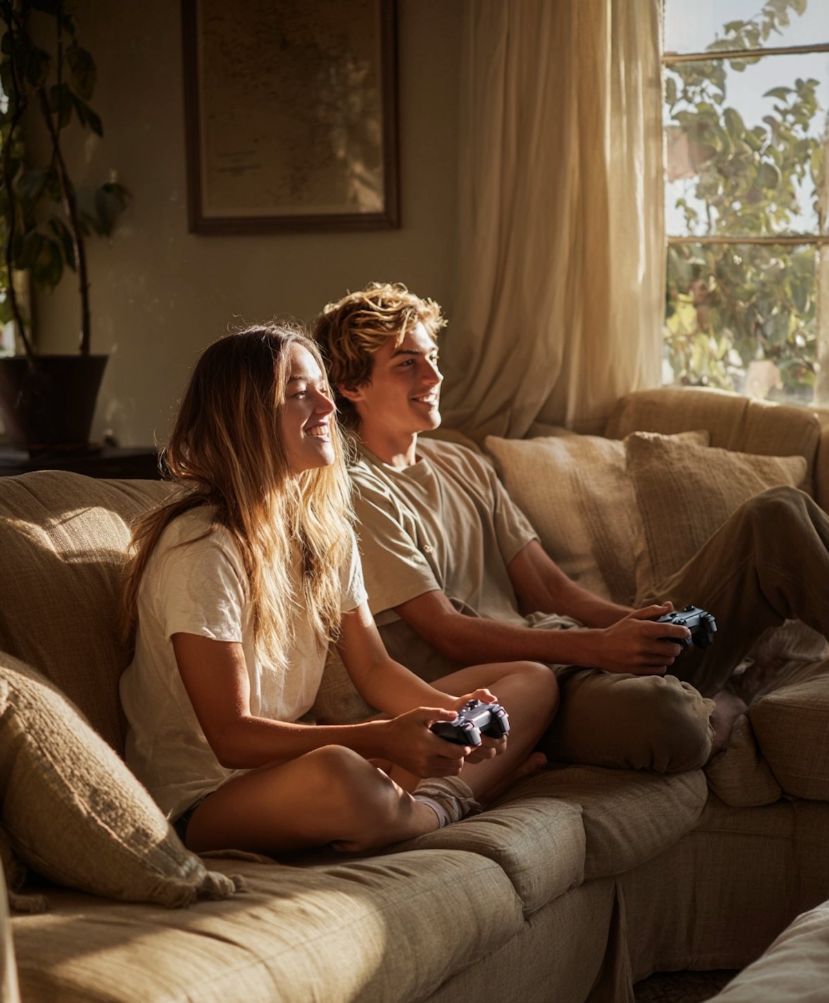 Two young gamers smiling and playing a console video game together on a sofa in a naturally lit living room