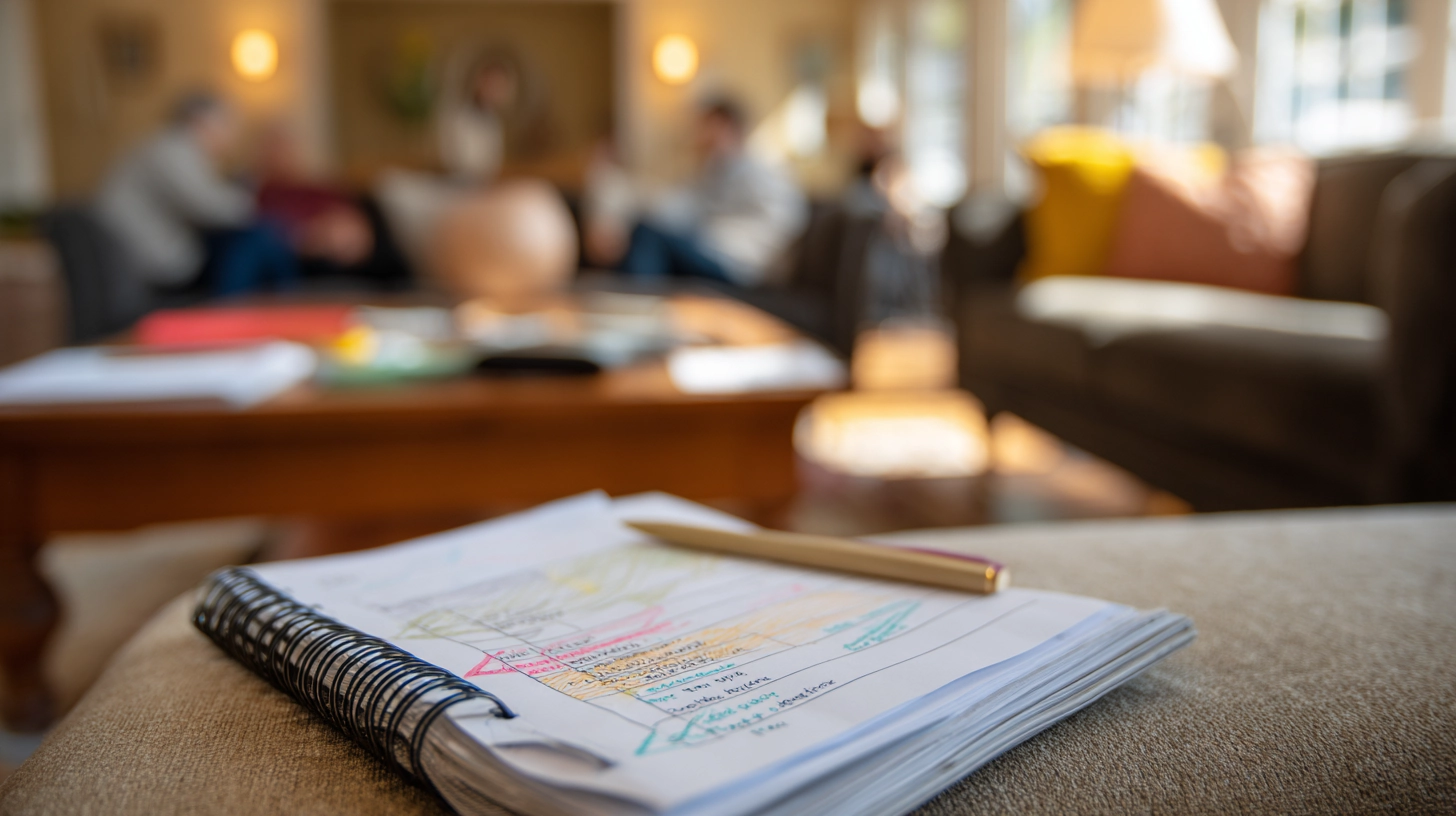 Research notebook on living room table during in-home ethnographic interview — qualitative consumer research