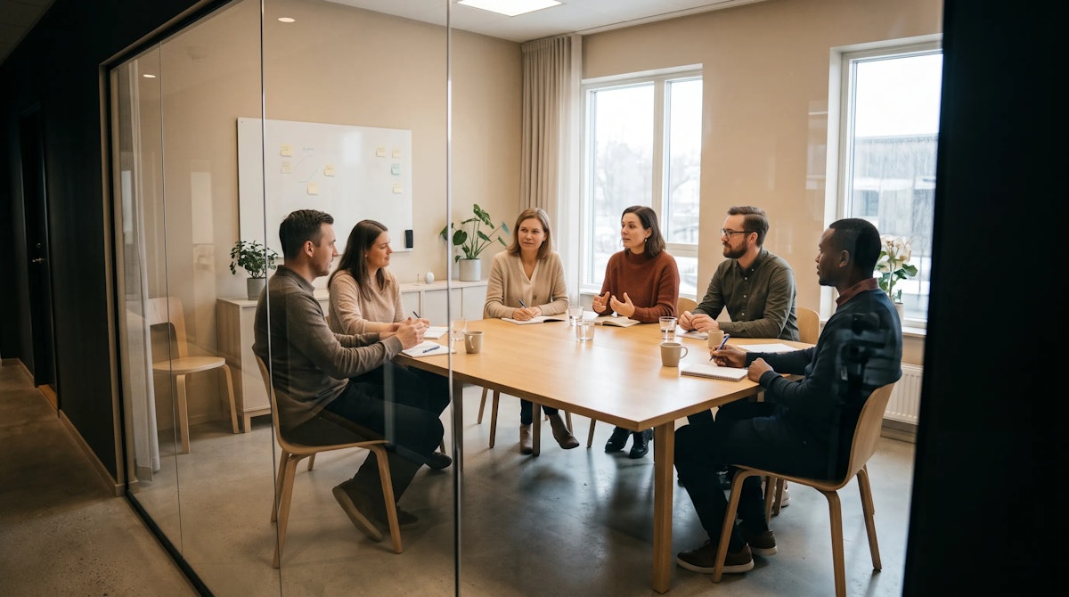Focus group discussion seen through the glass of a research facility, six participants around a table as one speaks